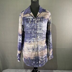 David Cline Top Women’s M Art to Wear Abstract Print Boho Snaps Midi Blue Tan